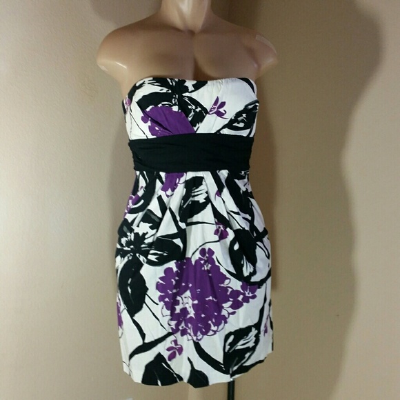 Purple White Black Pleated Strapless Dress pocket - Picture 2 of 9